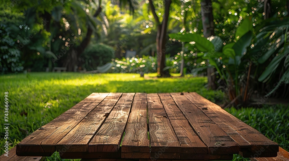 wooden table product display with lush green garden background of grass and blurred foliage wooden table product display with lush green garden background of grass and blurred foliage