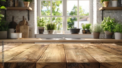 Wooden table on blurred background of kitchen window and shelves