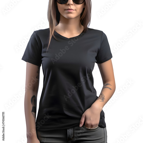 Tattooed woman in black t shirt and sunglasses on white background