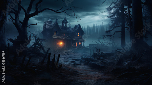 Horror Halloween haunted house in creepy night.