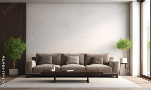 Modern living room interior with bright creamy sofa