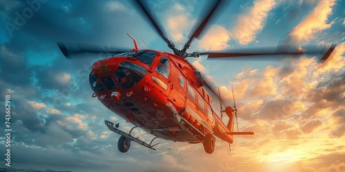 Dramatic aerial scene featuring a helicopter participating in a search and rescue mission. photo