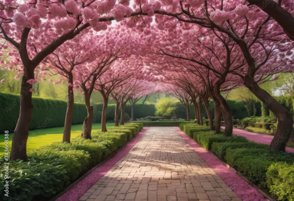 Cherry blossom path through a beautiful landscape garden - obrazy, fototapety, plakaty 