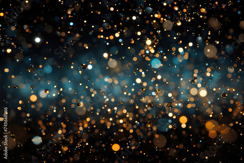 blurred lights and golden confetti on a blue background.