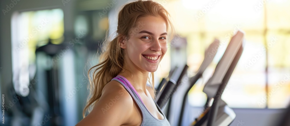 Joyful woman checking her weight at gym using balance scale. Joyful woman checking her weight at gym using balance scale.