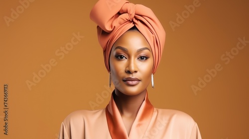 Empowered African-American Businesswoman in Peach Headwrap.
