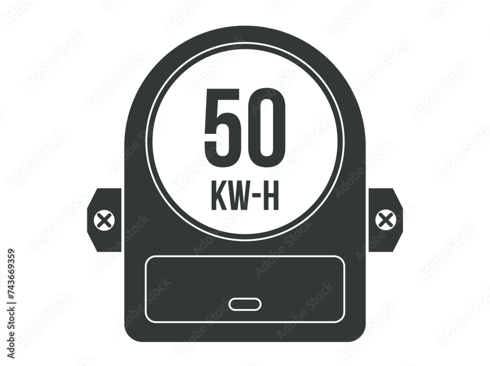 50 kw-h. Vector kilowatts consumption, electric current meter. Electric energy meter home clock