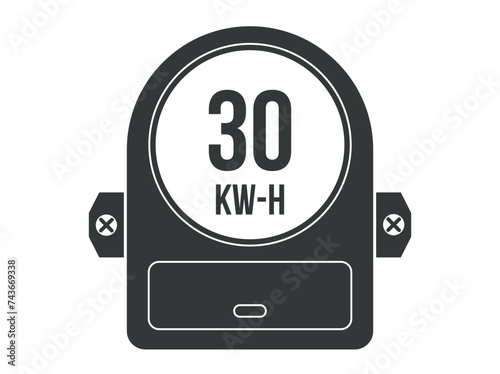 30 kw-h. Vector kilowatts consumption, electric current meter. Electric energy meter home clock