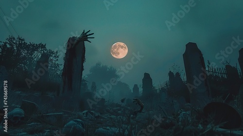 Fearsome zombie rising and hands emerging from a graveyard During the eerie full moon night. Halloween-themed holiday event photo
