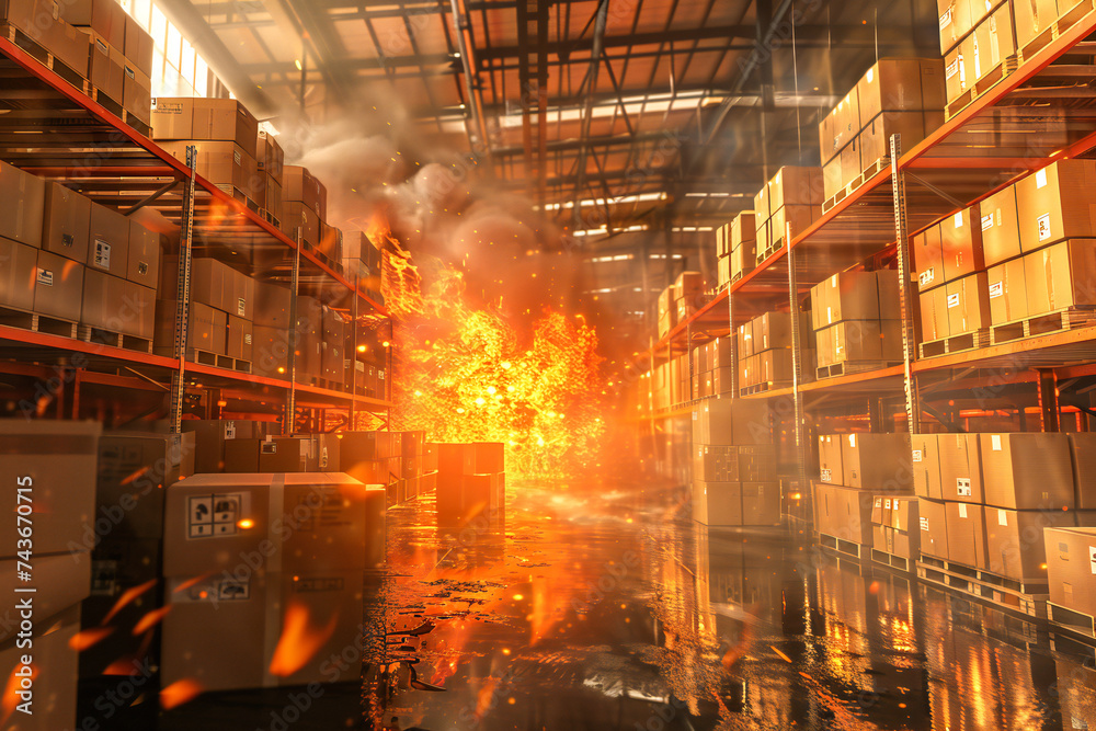Fire in a storage warehouse. Spreading fire in a warehouse full of boxes