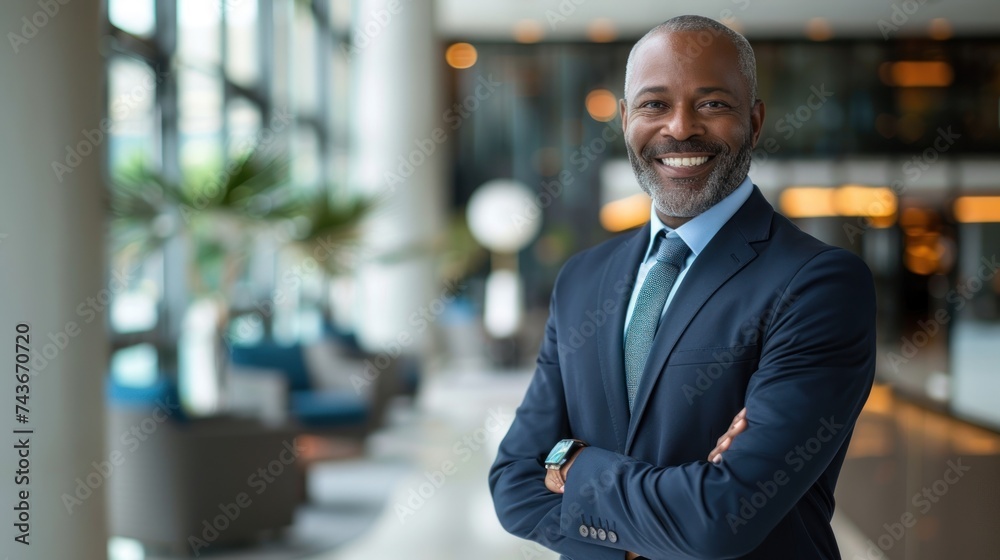 Confident Businessman Smiling in Lobby of Modern Office Building