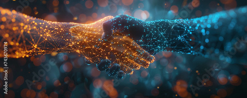 Detailed close up of a virtual handshake representing digital agreements and blockchain contracts photo