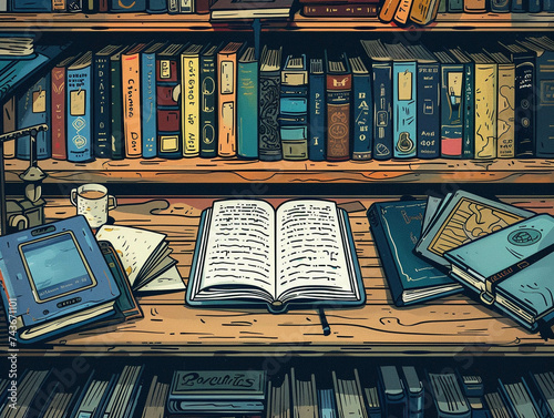 Illustration of a close up on a digital book reader showcasing the evolution of reading in the digital age