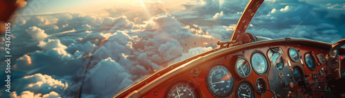 Illustration of a zeppelin cockpit close up on vintage controls against a backdrop of cloud filled skies