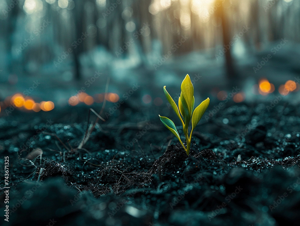 Wildfires aftermath a new beginning as green shoots emerge from the ashes symbolizing hope and renewal - obrazy, fototapety, plakaty 