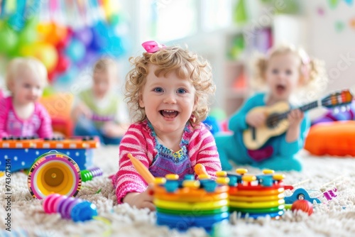 Happy toddler playing with colorful musical toys in a vibrant nursery room filled with joy and playfulness.