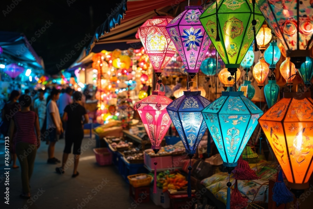 Vibrant Bazaar Glow: A Marketplace Adorned with Colorful Ramadhan Lanterns