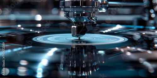 Close-up view of a vinyl record player needle capturing the essence of classic music
