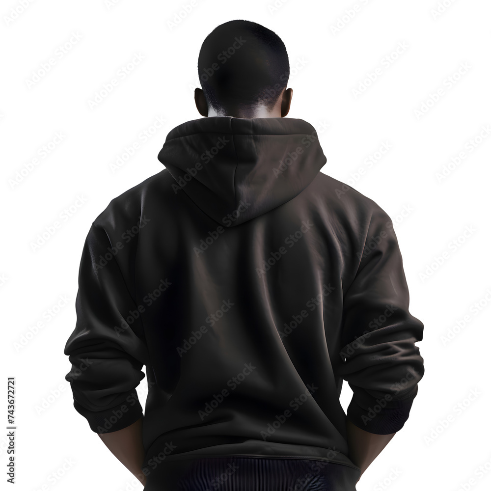 Back view of a man in a black hoodie on a white background
