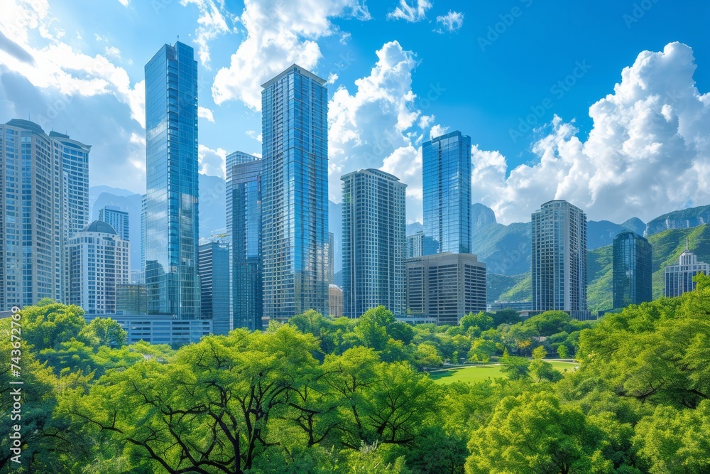 Modern city skyline with sleek skyscrapers