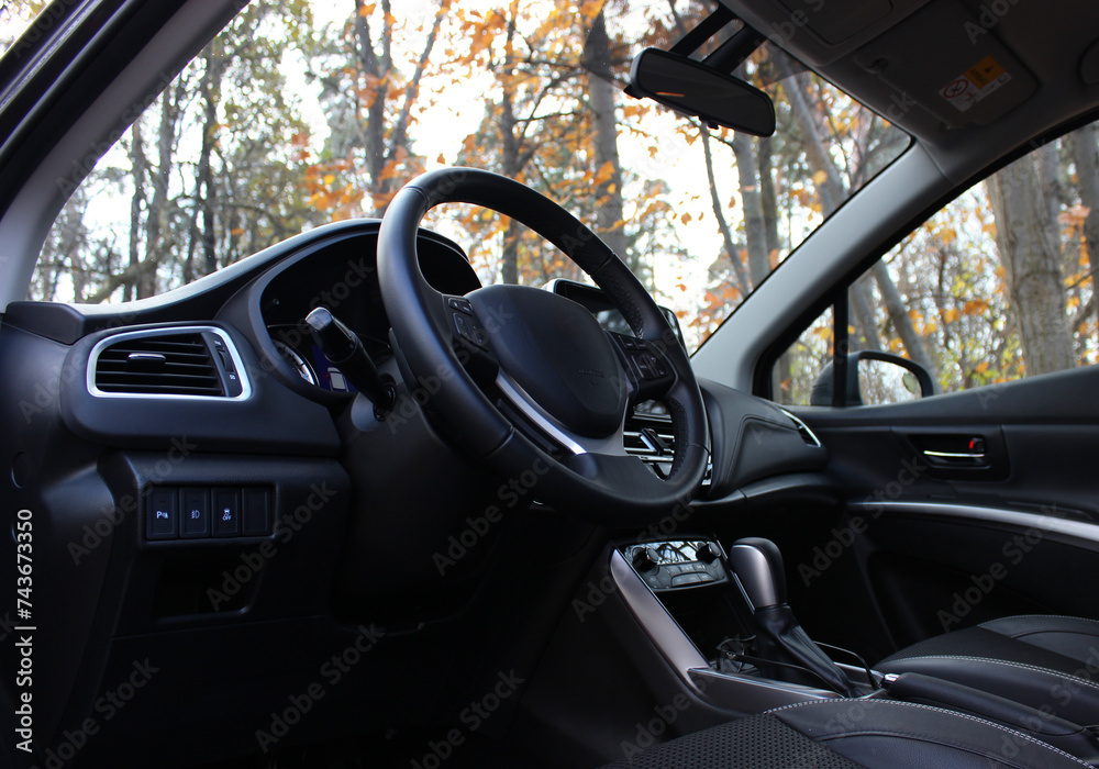 View From Opened Driver Door On Black Upholstery Of Interior Of A Car Parked On Autumn Park
