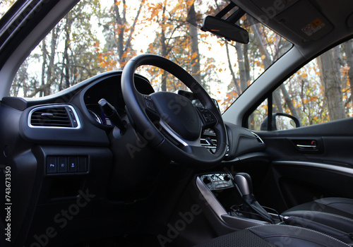 View From Opened Driver Door On Black Upholstery Of Interior Of A Car Parked On Autumn Park 