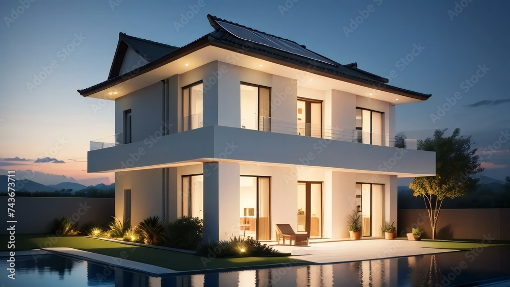 Modern style 3d render house with interior lighting with pool