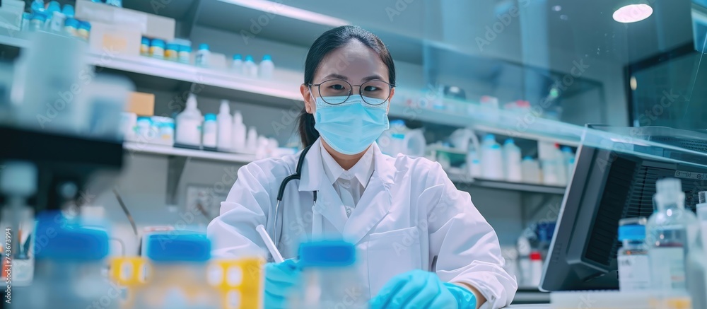 Asian Thai doctor wearing mask researching covid-19 vaccine at working table. Asian Thai doctor wearing mask researching covid-19 vaccine at working table.