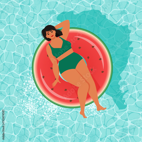 Attractive Chubby Woman in a swimsuit on an inflatable circle in the pool or sea. Vector illustration in flat style