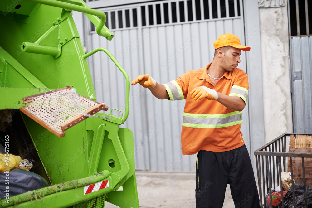 Garbage truck, dirt and worker with collection service on street in