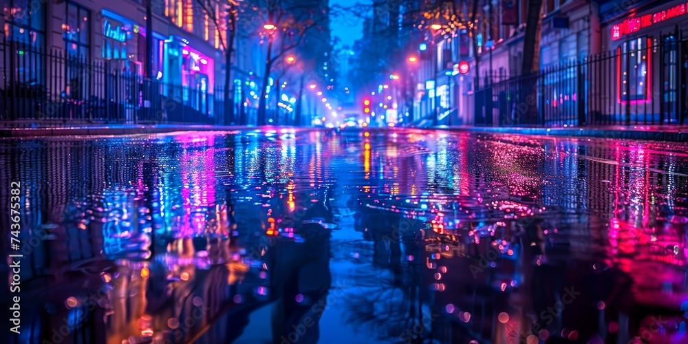 Vibrant blue and magenta lights reflecting on wet streets of the nocturnal city
