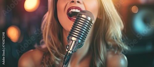 An attractive, blonde, and youthful woman sings passionately into a microphone in a dimly lit room. photo