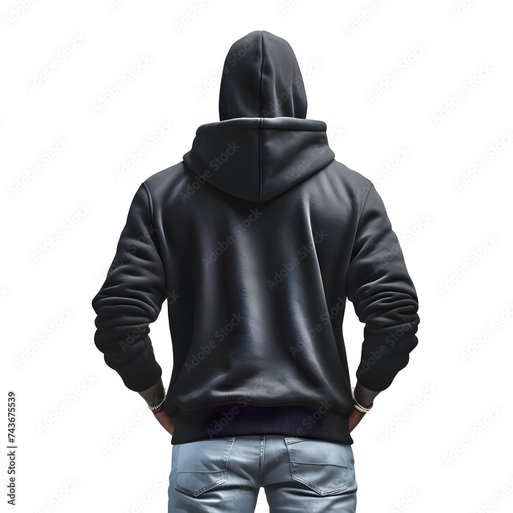Hooded man in jeans and black jacket isolated on white background