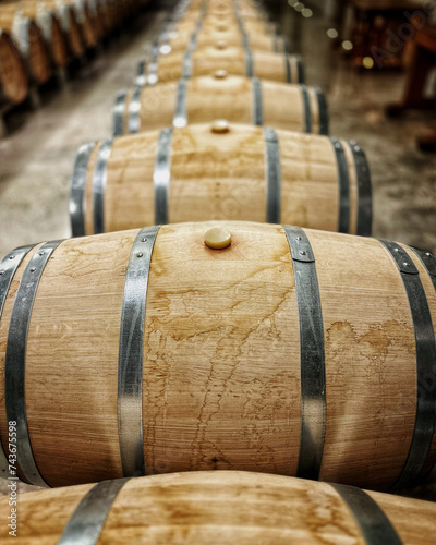 Row of oak wine barrels in a wine cellar in a vineyard