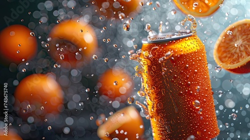 Orange plain soft-drink can 330ml Floating, tilted up slightly, facing camera, crispy fresh oranges in the air scattered too, all hovering in an abstract vibrant space, thee of Juicy orange colour photo