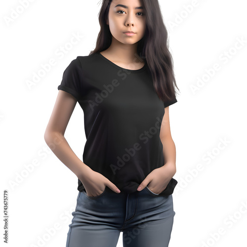 Young asian woman wearing blank black t shirt isolated on white background