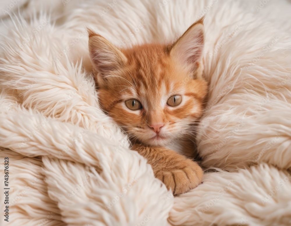 Cute little red kitten sleeps on fur blanket Cute little red kitten sleeps on fur blanket