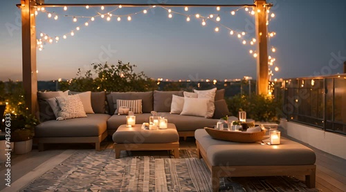 A welcoming rooftop terrace, adorned with decorative wreaths and lamps, featuring a comfortable sofa and table, creating an inviting outdoor space photo