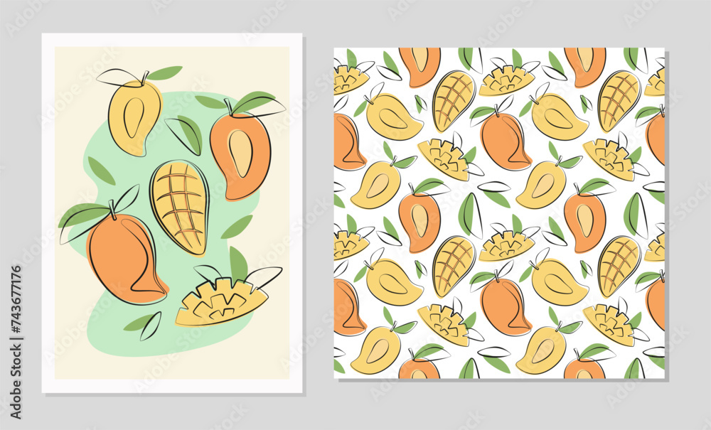 Mango fruits set in flat design. Poster and seamless pattern with mango for  fabric, cards, wallpaper in boho style.