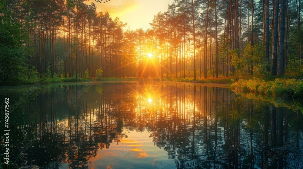 Depict a quiet forest pond at sunrise, where the water's surface perfectly mirrors the awakening of life, symbolizing new beginnings Depict a quiet forest pond at sunrise, where the water's surface perfectly mirrors the awakening of life, symbolizing new beginnings