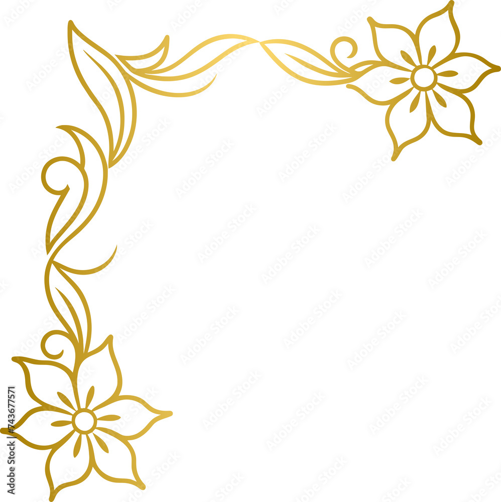 Golden floral corner border, gold hand drawn doodle style corner border frame with flowers Golden floral corner border, gold hand drawn doodle style corner border frame with flowers