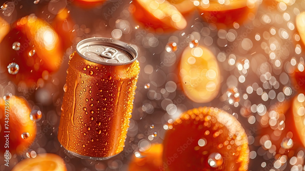 Orange plain soft-drink can 330ml Floating, tilted up slightly, facing camera, crispy fresh oranges in the air scattered too, all hovering in an abstract vibrant space, thee of Juicy orange colour - obrazy, fototapety, plakaty 