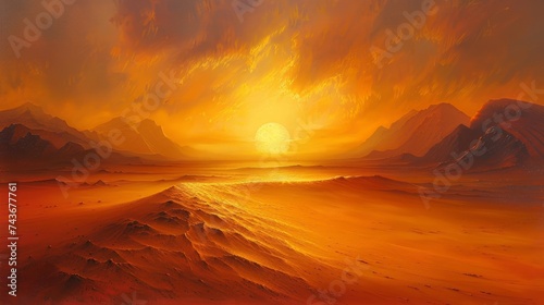 Depict the first light of day breaking over a silent desert, illuminating the endless sands