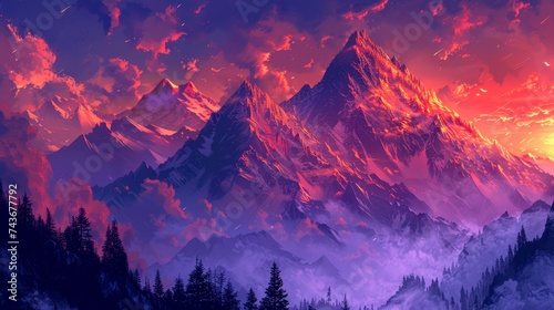 Depict the first light of sunrise illuminating mountain peaks, with silhouettes of the range in the foreground