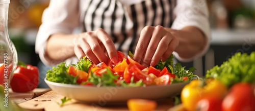 A lady prepares a salad with sliced Bulgarian red pepper.