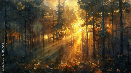 Depict the last rays of sunset piercing through a dense forest, creating a mystical atmosphere