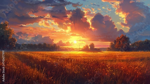 Depict the peaceful end of a day in the rural countryside, where the setting sun kisses the fields goodnight #743677991