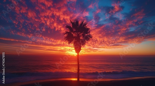 Envision a beach sunset with a lone palm tree, its silhouette framed against the fiery sky © MAY