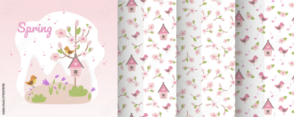Floral seamless patterns in flat design. Cute spring illustrations for fabric, paper and clothing. Floral seamless patterns in flat design. Cute spring illustrations for fabric, paper and clothing.