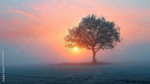 Illustrate a peaceful sunrise in the countryside  with the sun rising behind a lone tree on a foggy morning